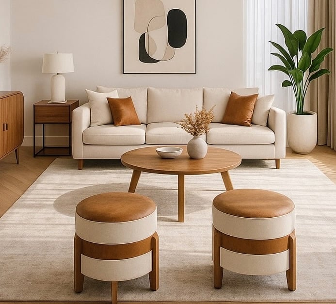 Sala em tons neutros com mesa de centro e lateral de madeira, pufes em bege e marrom e quadro minimalista
