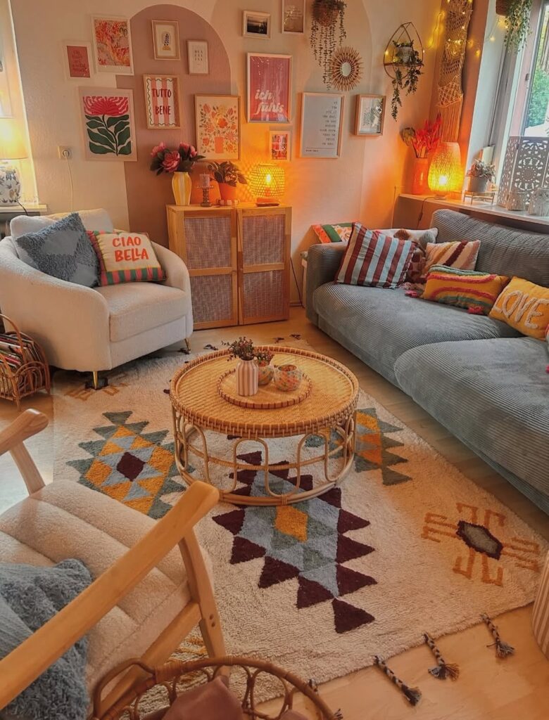 Inspiração de sala decorada com tapete, mesa de centro e quadros