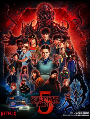 Poster com várias pessoas e um monstro