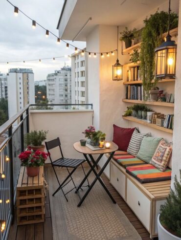 Varanda estreita com prateleiras e livros, mesinha, cadeira e banco com almofadas