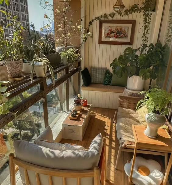 Ideia de varanda compacta com plantas e poltrona