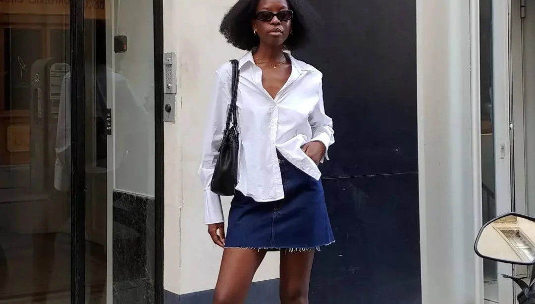 look com saia jeans e camisa branca
