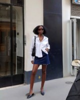 look com saia jeans e camisa branca