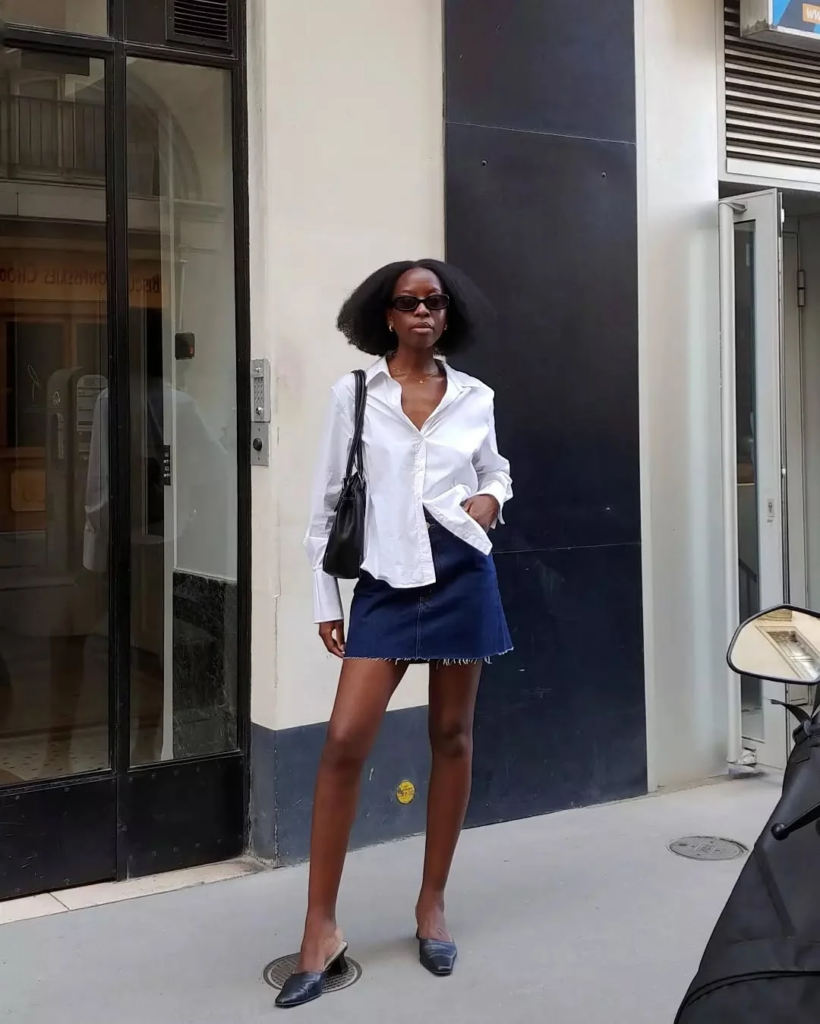 look com saia jeans e camisa branca