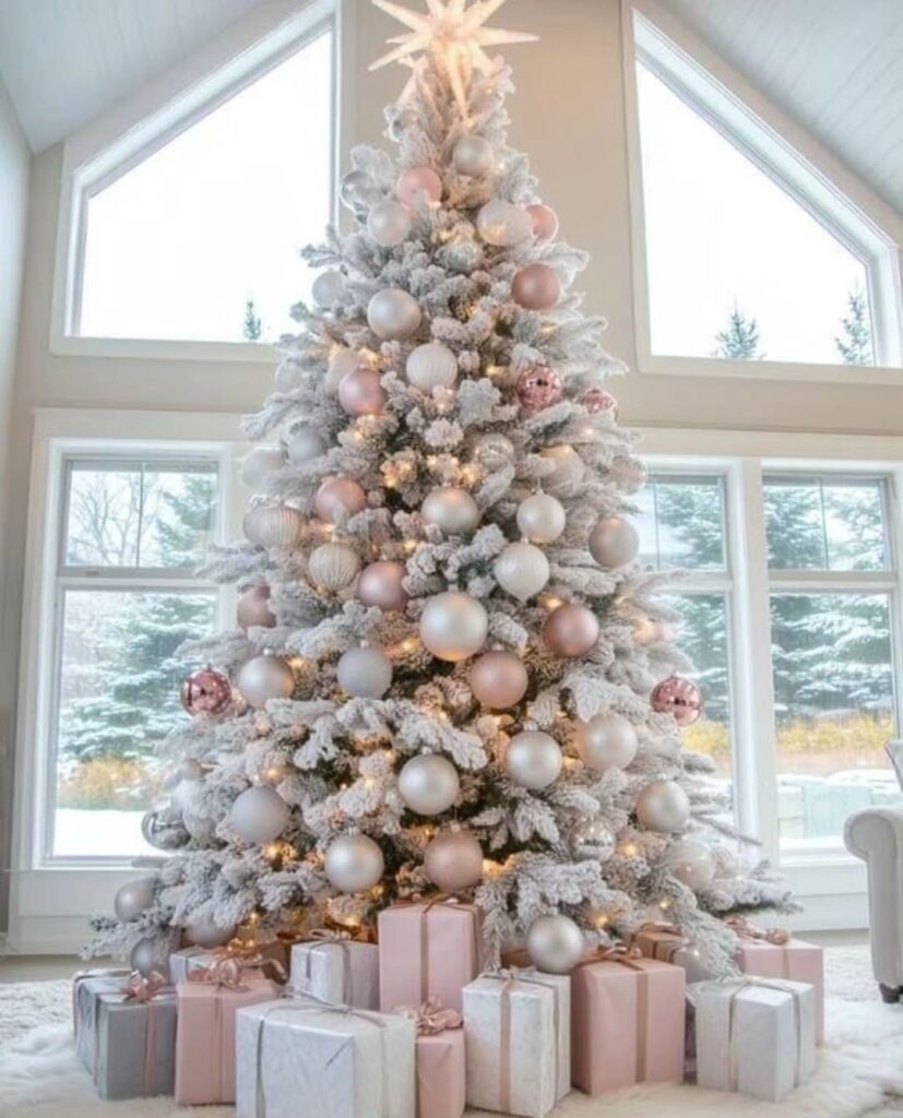 Árvore de Natal branca com bolas grandes brancas e rosadas