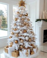 Árvore de Natal branca com bolas brancas e douradas, e presentes embaixo