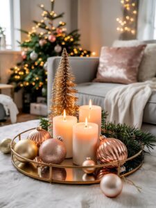 Bandeja dourada para o Natal com velas, bolas rosé e mini árvore