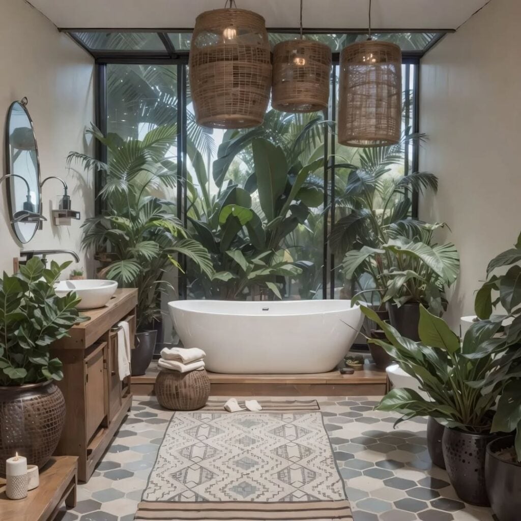 Banheiro spa com banheira, balcão de madeira, luminárias de fibras naturais e plantas variadas