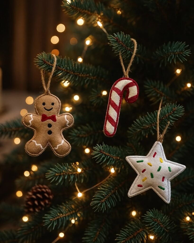Enfeites para árvore de Natal de feltro: biscoito, bengala e estrela