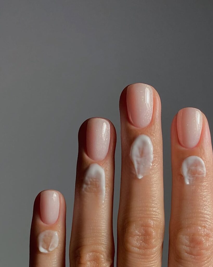 Mão de pele clara, com unha curta neutra e creme nas cutículas
