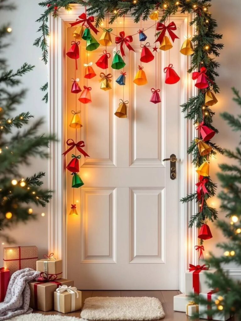 Porta branca com ramos verde e sinos de papel colorido pendurados com laços