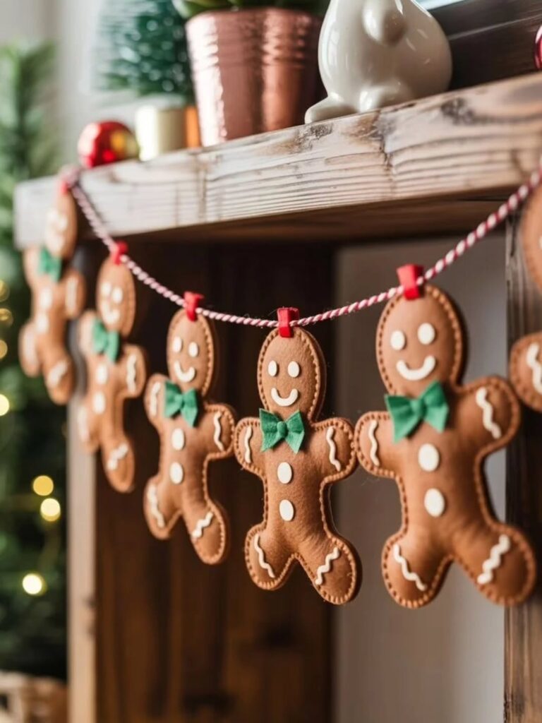 Cordão com bonequinhos de feltro marrom imitando biscoitos de Natal