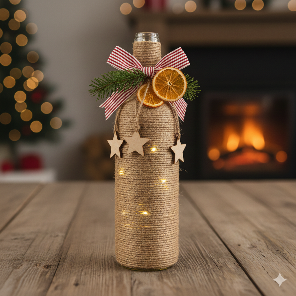 Garrafa decorada com fio de sisal, laço listrado, rodelas de laranja e estrelas