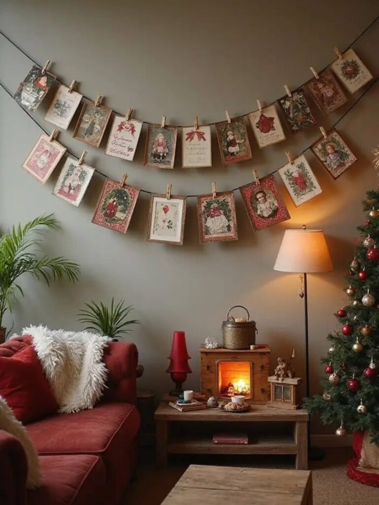 Sala com sofá em tom de terracota, pinheirinho, luminária de piso e cartões de Natal pendurados em varal