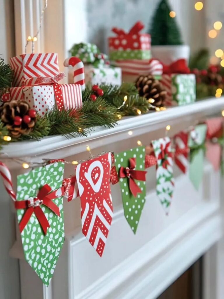 Prateleira branca decorada com ramos verdes, pinhas, caixas de presentes e bandeirinhas de papel nas cores verde, vermelho e branco