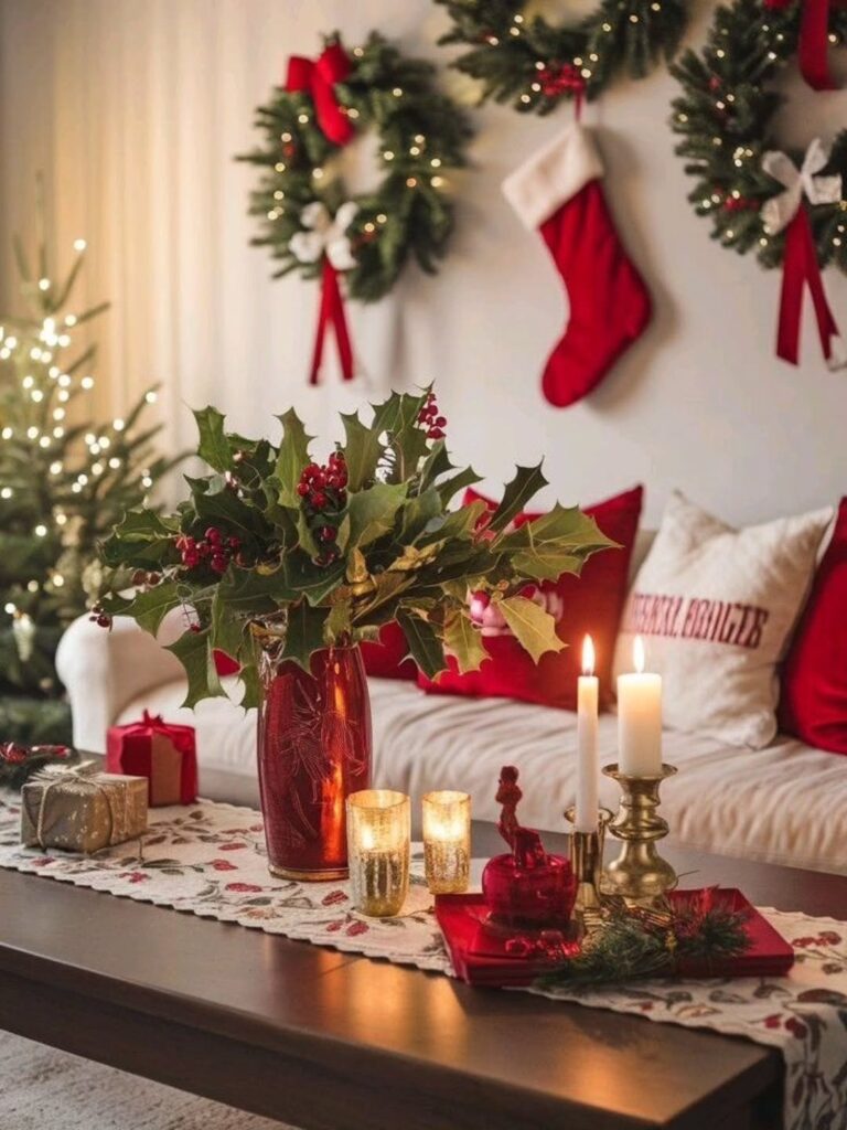 Sala decorada para o Natal. com guirlandas, meia vermelha pendurada, almofadas temáticas, velas e azevinhos