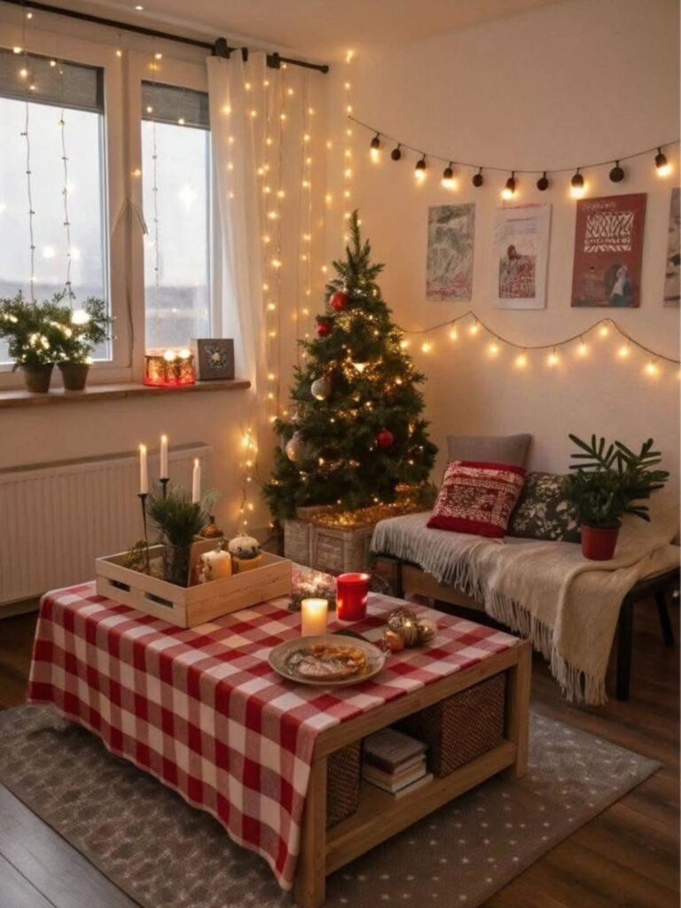 Sala de estar com decoração de Natal. toalha xadrez, velas, árvore natalina, luzinhas e almofadas