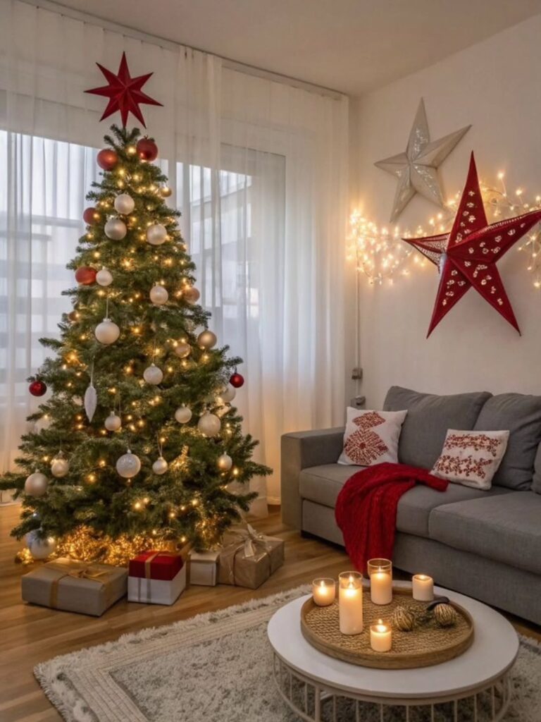 Sala com árvore de Natal, caixas de presentes, almofadas temáticas no sofá, e estrelas na parede