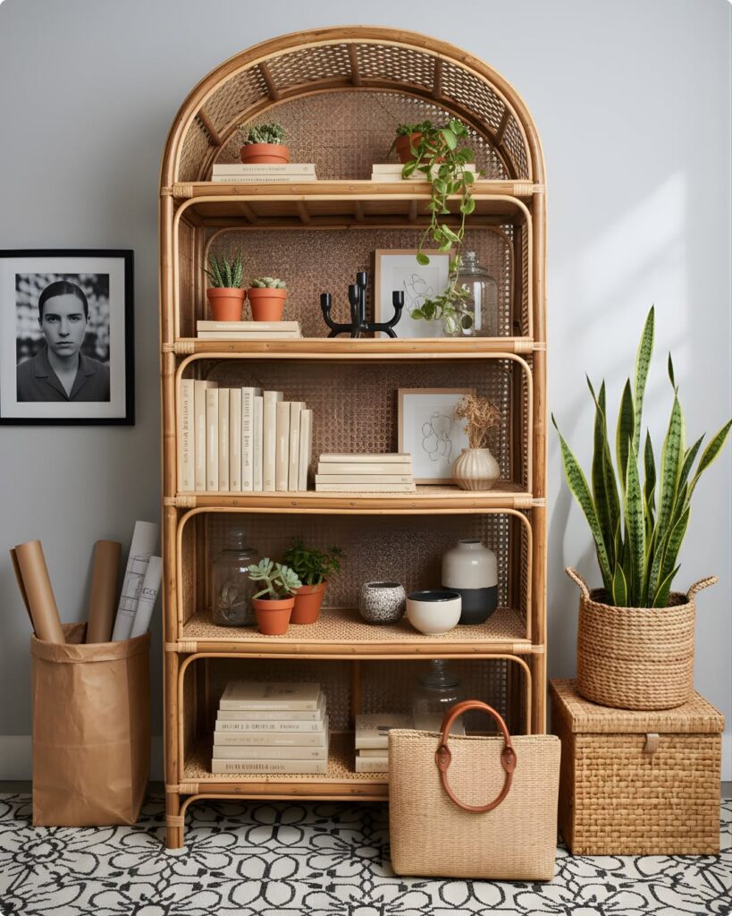 Decoração no estilo tropical moderno com estante de rattan, livros e vaso com planta
