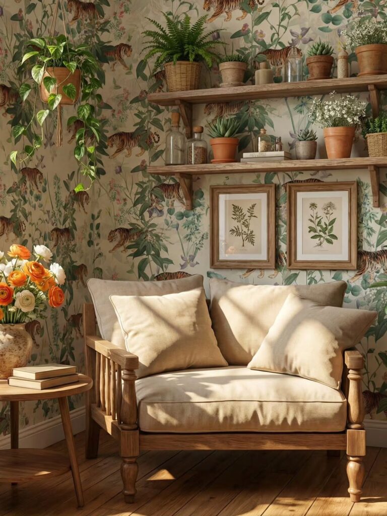 Cantinho aconchegante com poltrona, prateleiras com vasos de plantas, planta pendente e flores