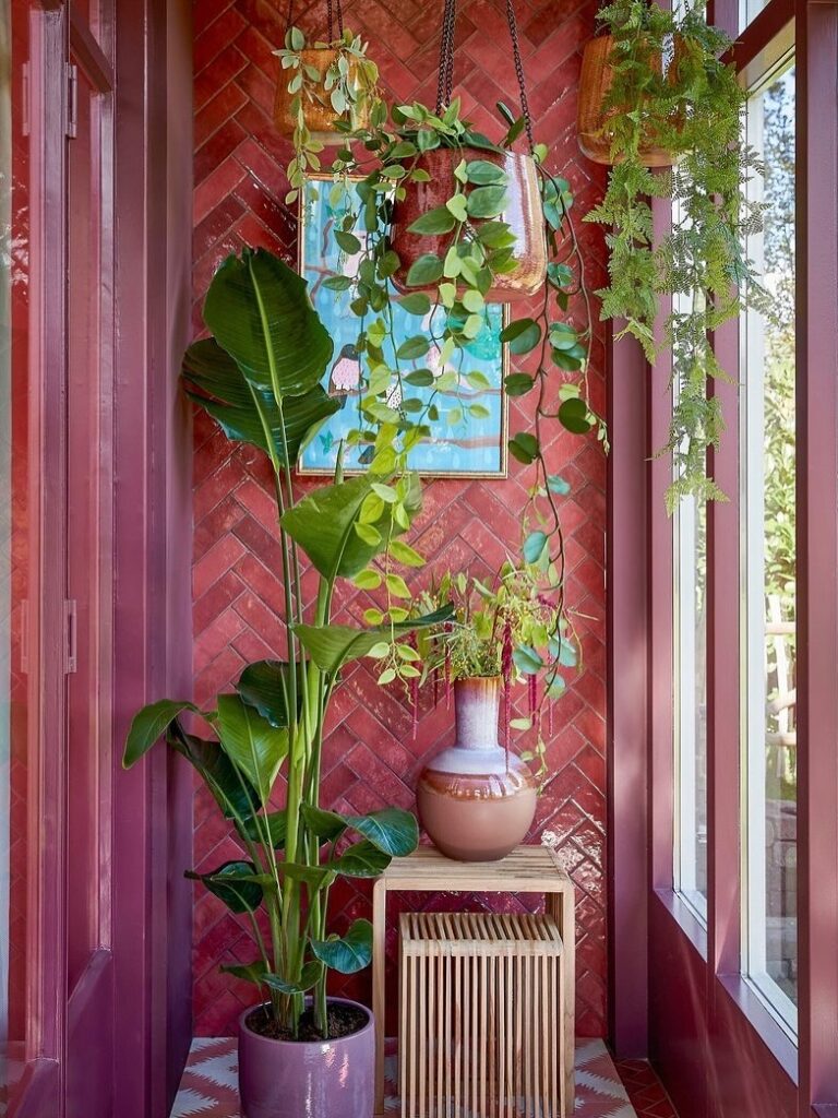 Ambiente rosa com plantas pendentes e vaso com grande planta tropical, móveis em madeira