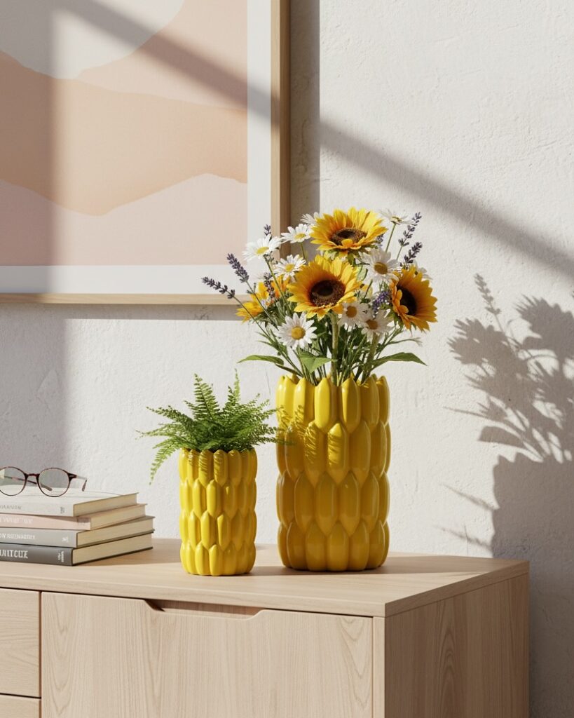 Balcão de madeira clara com dois vasos em amarelo vibrante com flores brancas e amarelas