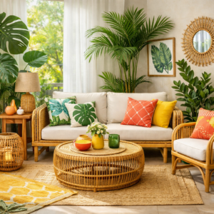 Sala no estilo tropical moderno, com móveis em rattan, almofadas coloridas e plantas exuberantes