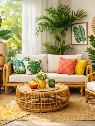 Sala no estilo tropical moderno, com móveis em rattan, almofadas coloridas e plantas exuberantes
