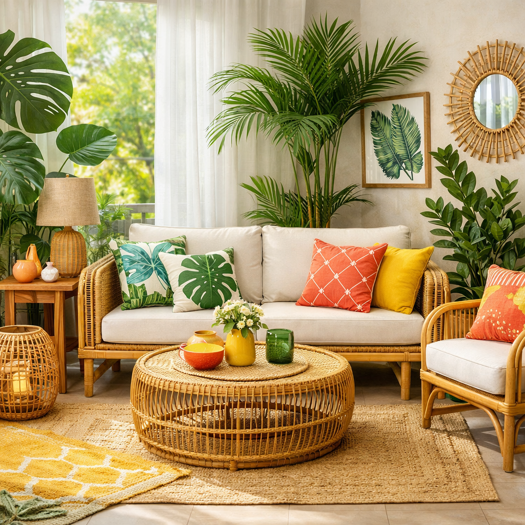 Sala no estilo tropical moderno, com móveis em rattan, almofadas coloridas e plantas exuberantes