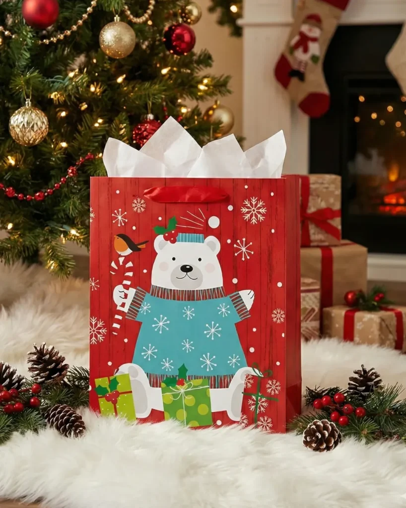 Sacola de presente vermelha com urso polar com blusão azul