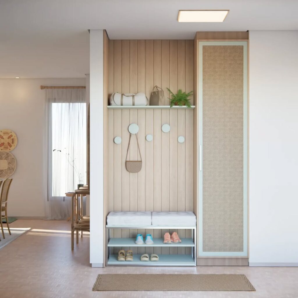Hall de entrada de apartamento com banco, sapateira, prateleira e suporte para bolsas e calçados