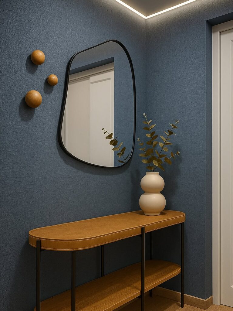 Hall azul com aparador de madeira e metal, vaso e espelho orgânico