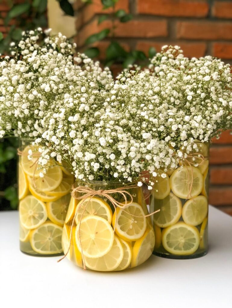Arranjo de mesa com vaso de vidro transparente com rodelas de laranja e florzinhas brancas