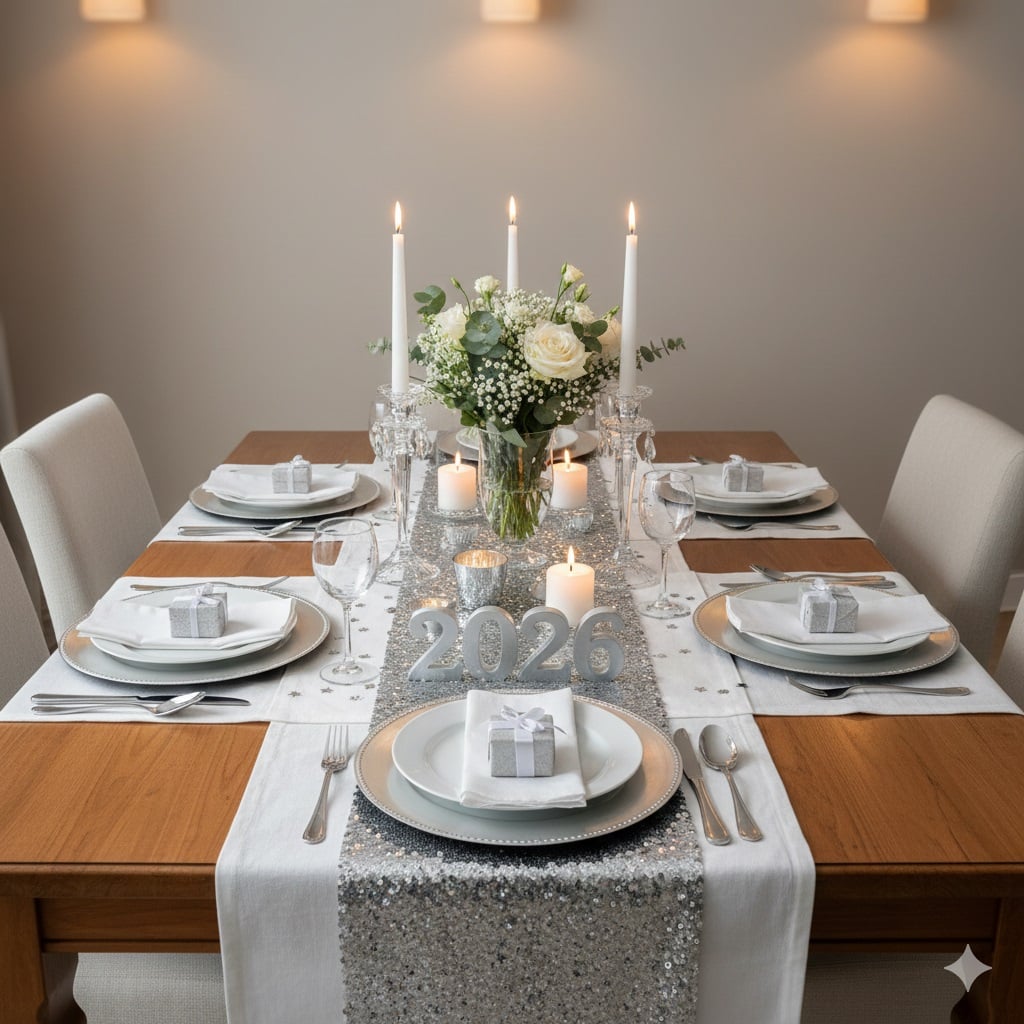 Mesa de madeira com caminhos de mesa brancos, trilho na cor prata, sousplats prateados com louças brancas, castiçais, velas e arranjo com rosas brancas