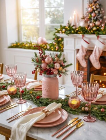 Mesa posta de Natal com o rosa como cor predominante nas taças e louças