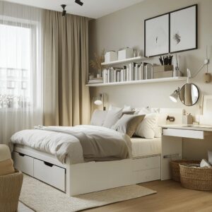 Quarto com cama branca e gavetas embutidas, penteadeira e prateleiras com livros
