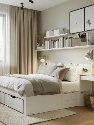Quarto com cama branca e gavetas embutidas, penteadeira e prateleiras com livros