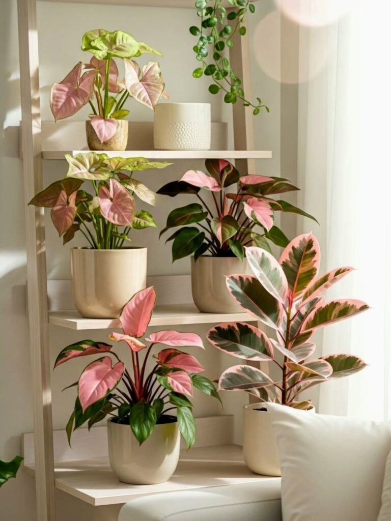 Prateleiras com vasos de plantas verde e rosa