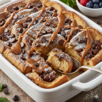Travessa branca com rabanada de forno coberta com gotas de chocolate, açúcar, canela e doce de leite