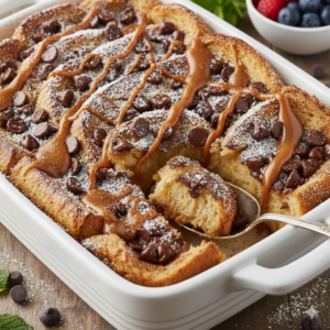 Travessa branca com rabanada de forno coberta com gotas de chocolate, açúcar, canela e doce de leite