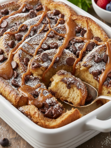 Travessa branca com rabanada de forno coberta com gotas de chocolate, açúcar, canela e doce de leite