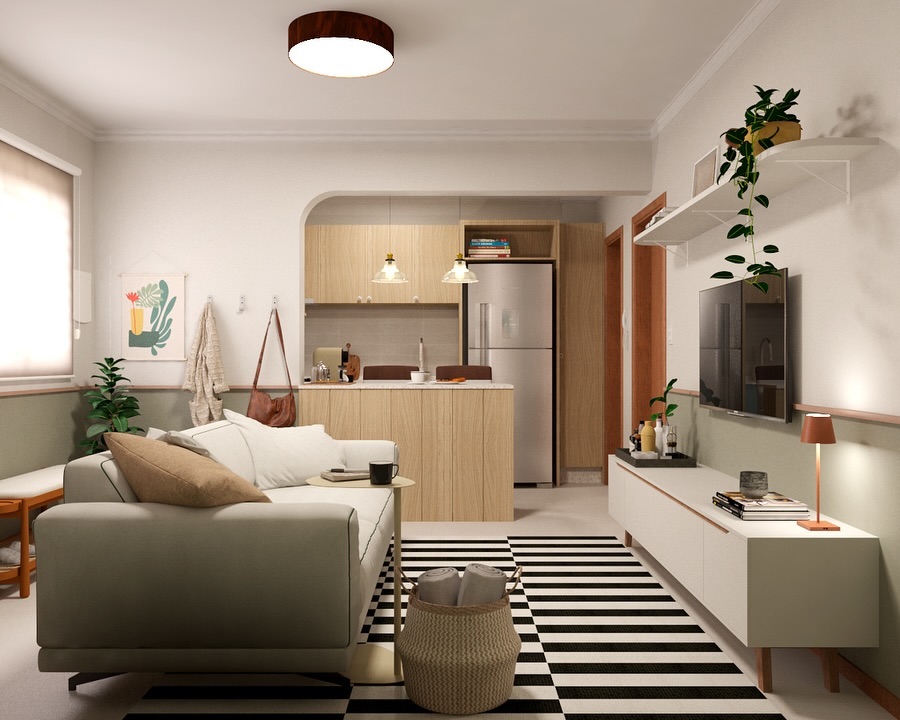 sala com sofá de linhas retas, tapete listrado em branco e preto, rack branco e cozinha ao fundo com armários amadeirados
