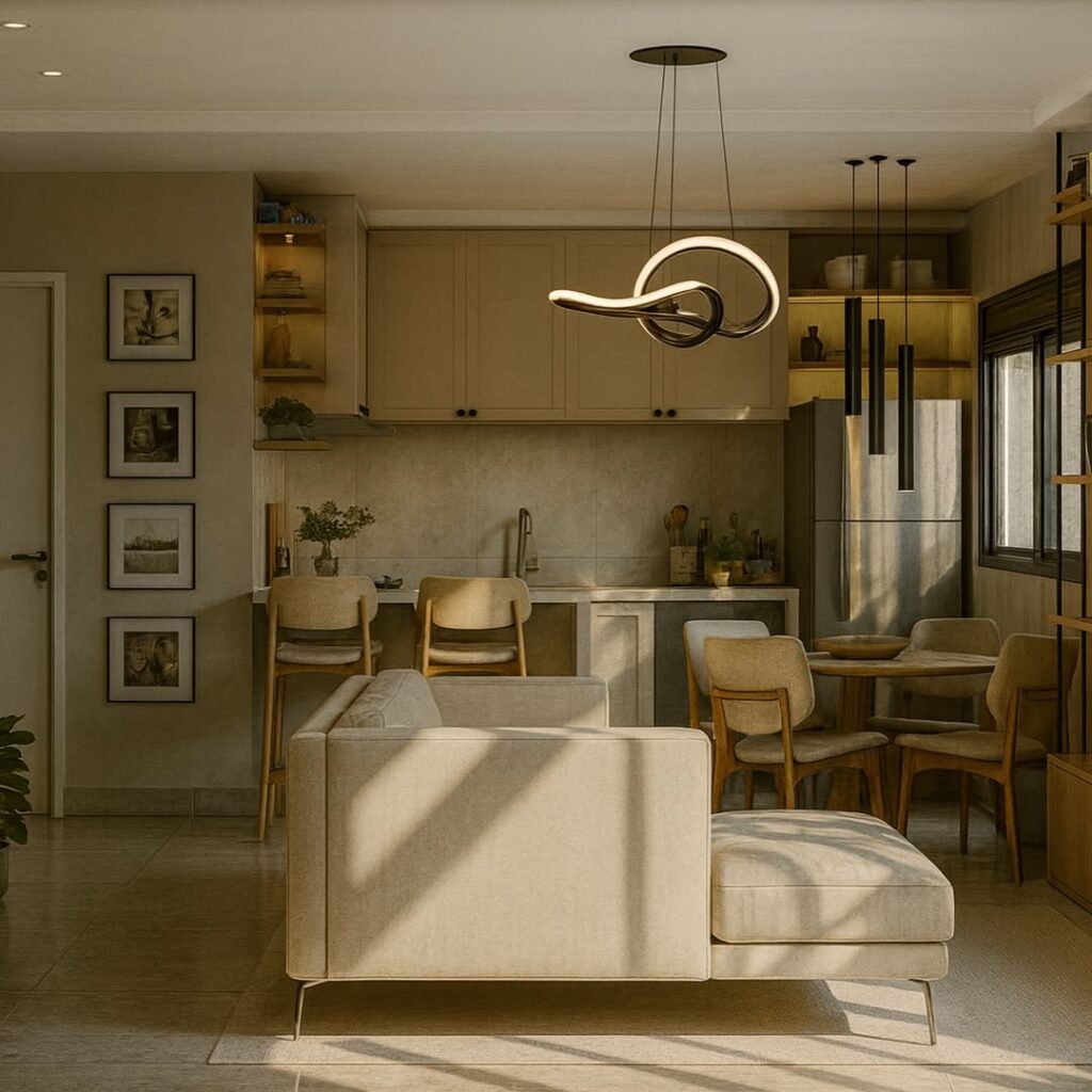 Sala e cozinha com em tons claros, quadros com bordas pretas, pendente com design orgânico