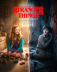 Cartaz de Stranger Things com uma menina loira e um menino de cabelo castanho