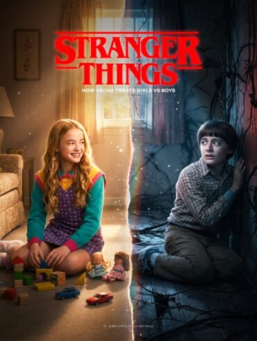 Cartaz de Stranger Things com uma menina loira e um menino de cabelo castanho