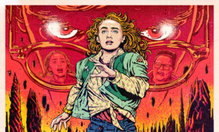 Cartaz de episódio de Stranger Things com menina ruiva correndo acima e jovem carregando uma menina e um rádio no colo