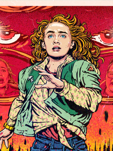 Cartaz de episódio de Stranger Things com menina ruiva correndo acima e jovem carregando uma menina e um rádio no colo
