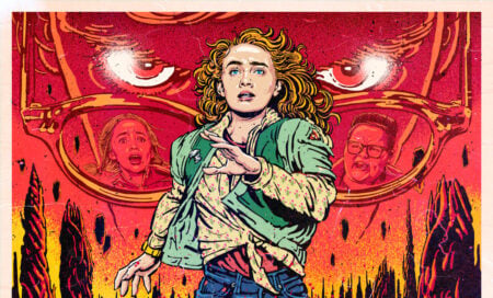 Cartaz de episódio de Stranger Things com menina ruiva correndo acima e jovem carregando uma menina e um rádio no colo
