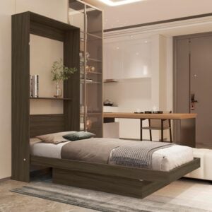 Cama em tom escuro com abertura vertical