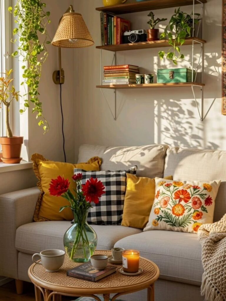 Sala pequena com sofá bege, almofadas coloridas e mesa de centro de fibras